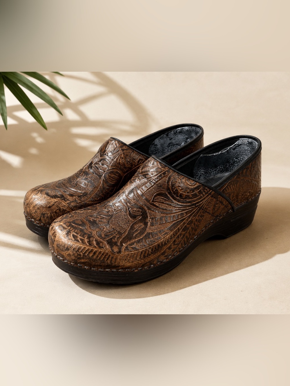 Dansko Embossed Leather Comfort Clogs Brown Tooled Floral EU 40 US 9.5